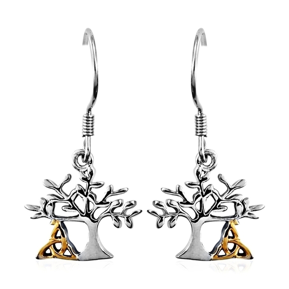 Tree of Life ✦ Drop Earrings ✦ Platinum Over 925 Silver w/ 14k Celtic Knot 2.75g - Picture 1 of 6